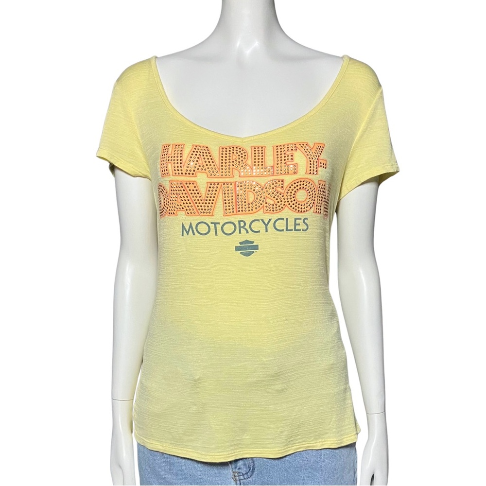 Harley Davidson Yellow Rhinestone Burnout T Shirt S/M Bedazzled McBling Trashy2K